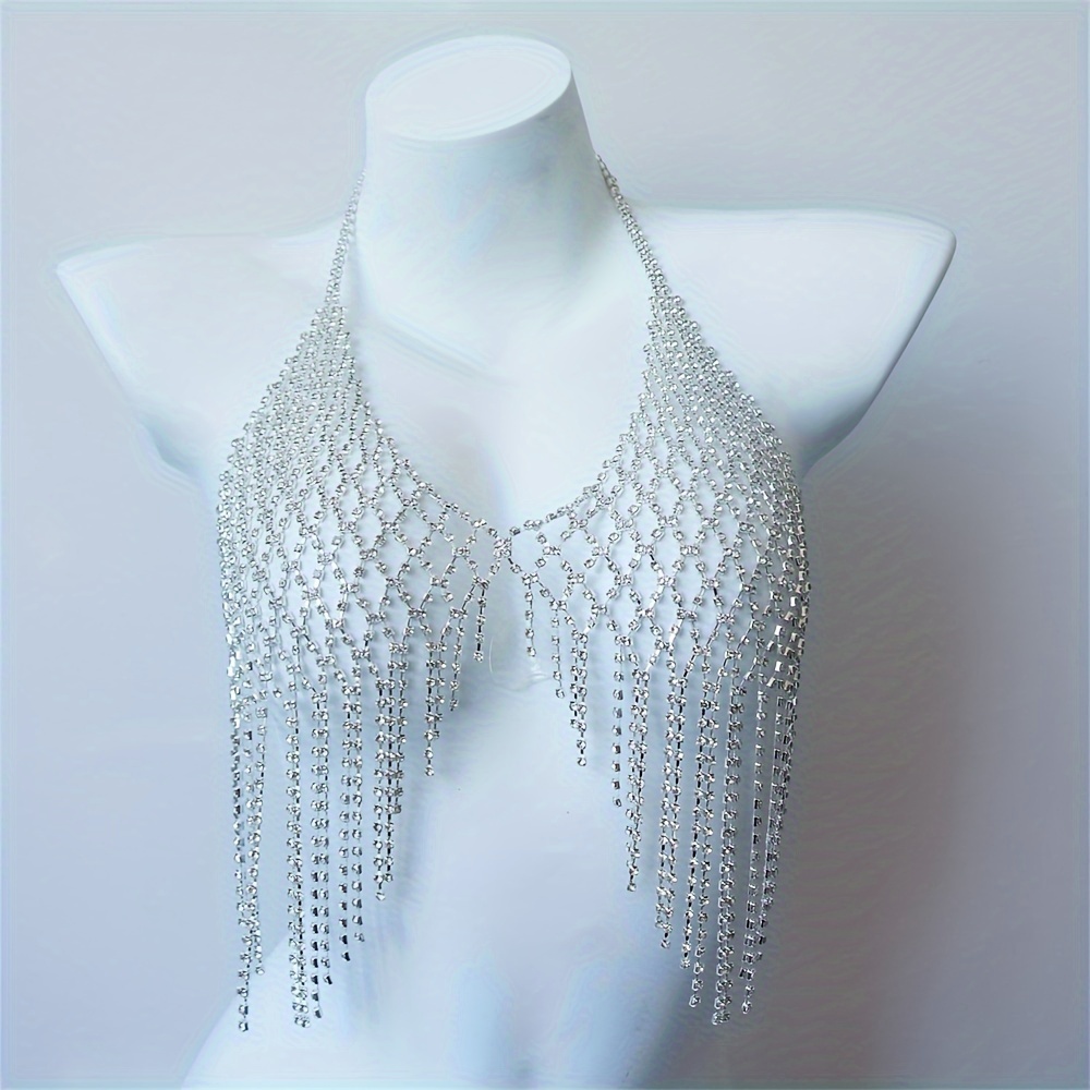 nightclub shiny crystal mesh tassel bra chain exquisite trendy waterdrop pendant chest chain body chain jewelry accessories details 1