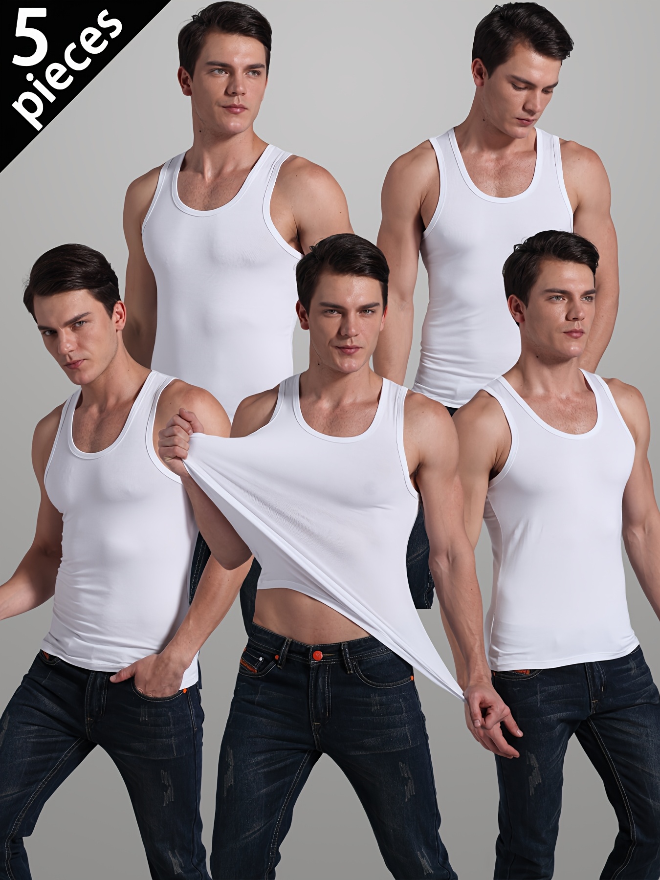 5-teilige herren-tanktops in uni-farben, rundhalsausschnitt, ärmellose t-shirts,   fit, dünne sport-basics, ganzjahrestragbar, crossover-tanktops für  - unterbekleidung