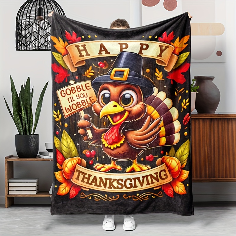 

Reversible Flannel Throw Blanket With Thanksgiving Turkey Pattern - Hypoallergenic, Quilted Knitting , Comfort, Animal Theme, Multipurpose For Nap, Sofa, Travel - Ideal Gift For