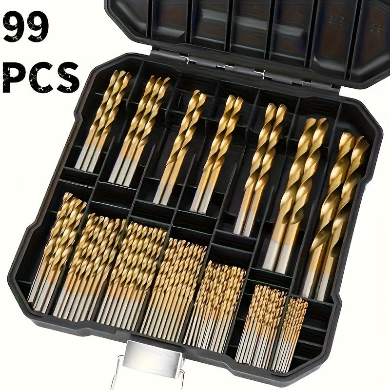 

A Set Of 99 Titanium-coated Drill Bits With A 135° Pointed Tip - Steel For Drilling And Grooving In Metal, Wood, And Aluminum Alloy For Home Improvement, Comes With A Storage Box.