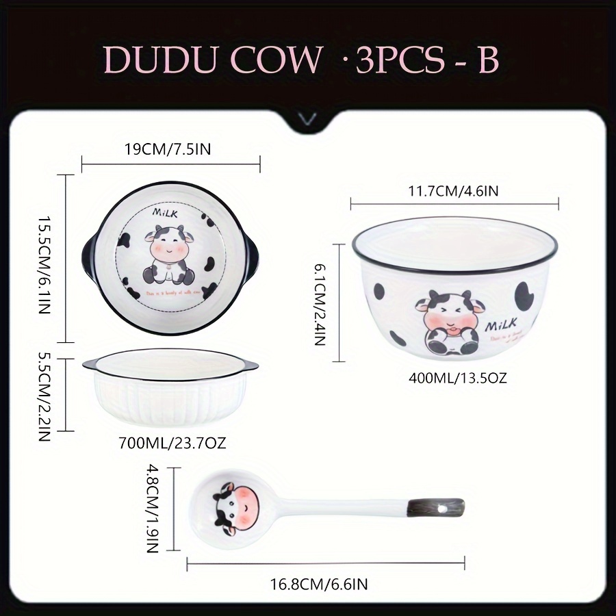 Image of Dudu Cow Ceramic Tableware-3/4pcs, Cute Cartoon Style, Rice Bowl/salad Bowl/soup Bowl/handle Bowl, Small Spoon, Suitable For Dormitory Or College Students