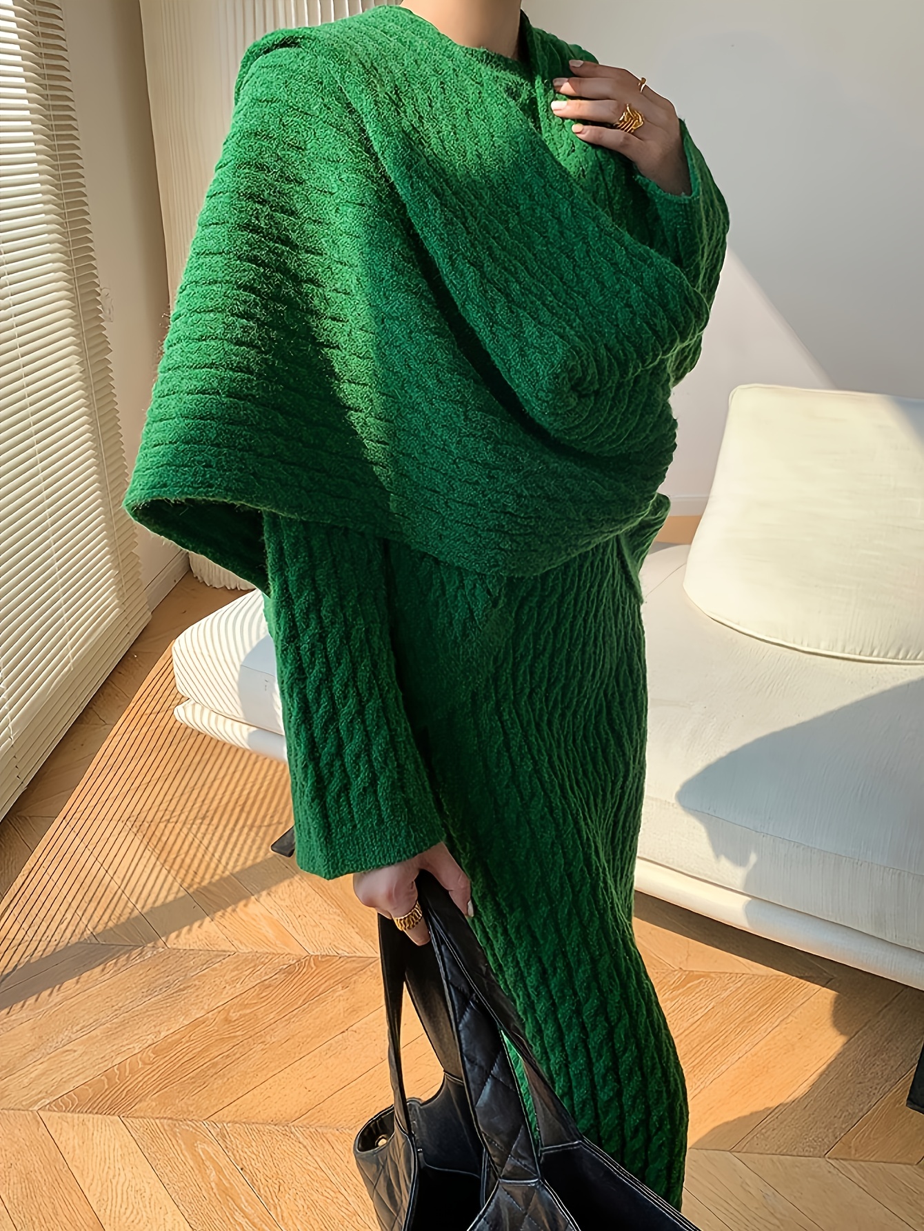 womens green sweater dress shawl scarf set stylish long - Temu Germany