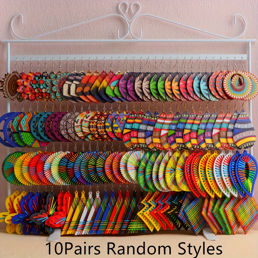 TEMU 10 Pairs Bohemian Vintage Wooden Women's Earrings, Creatively Handmade Colorful Thread Earring Set, Daily Party All-match Wear And Gift Jewelry