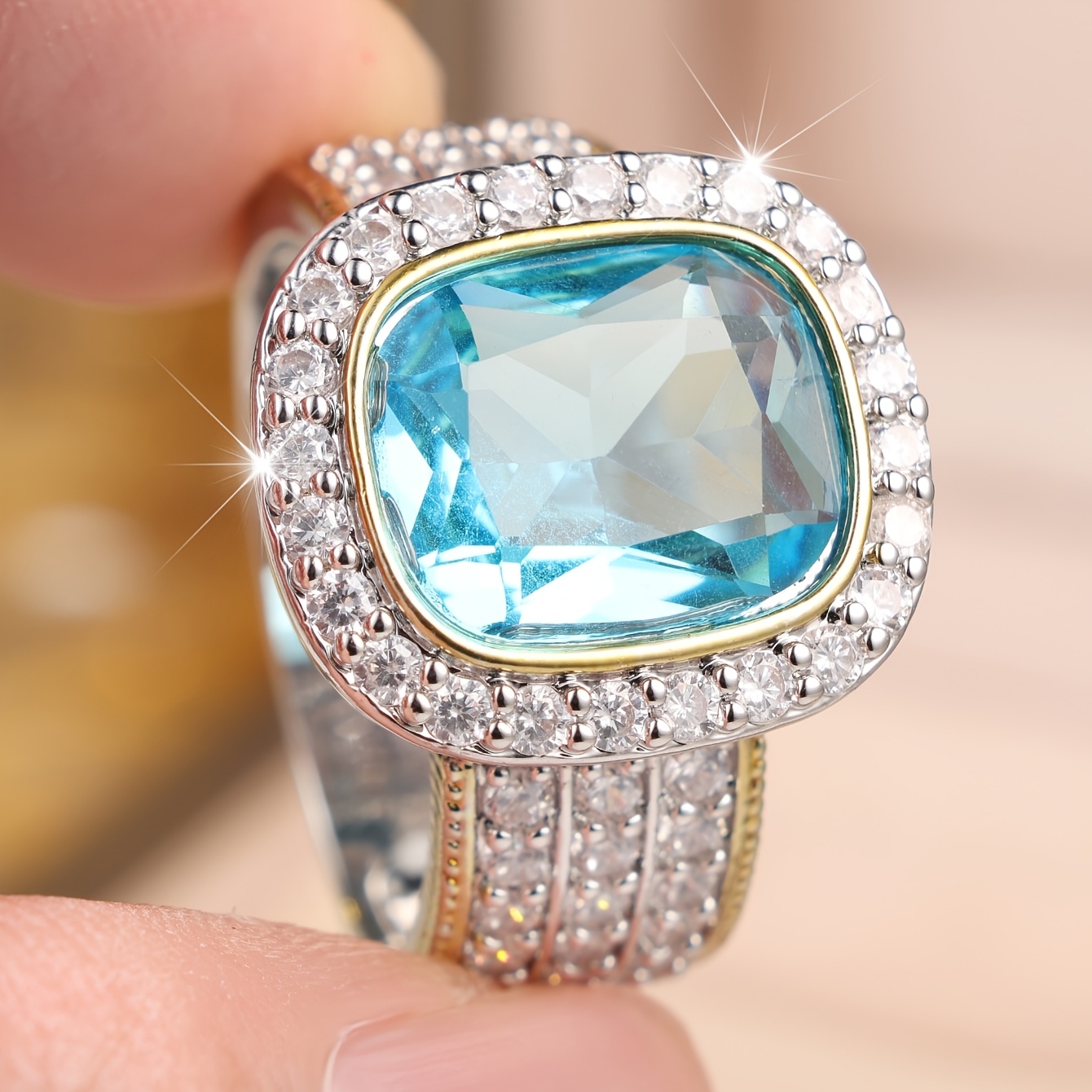 Unisex Oval Blue Synthetic Zirconia Ring, Versatile Style