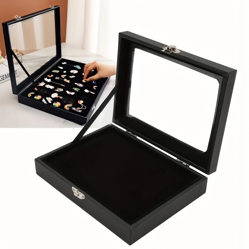 

Rectangle Dustproof Transparent Pin Display Case Shadow Box Frame With Hooks For Military Medal Jewelry Pin Badge Collection Rings Necklaces Bracelets Storage Black