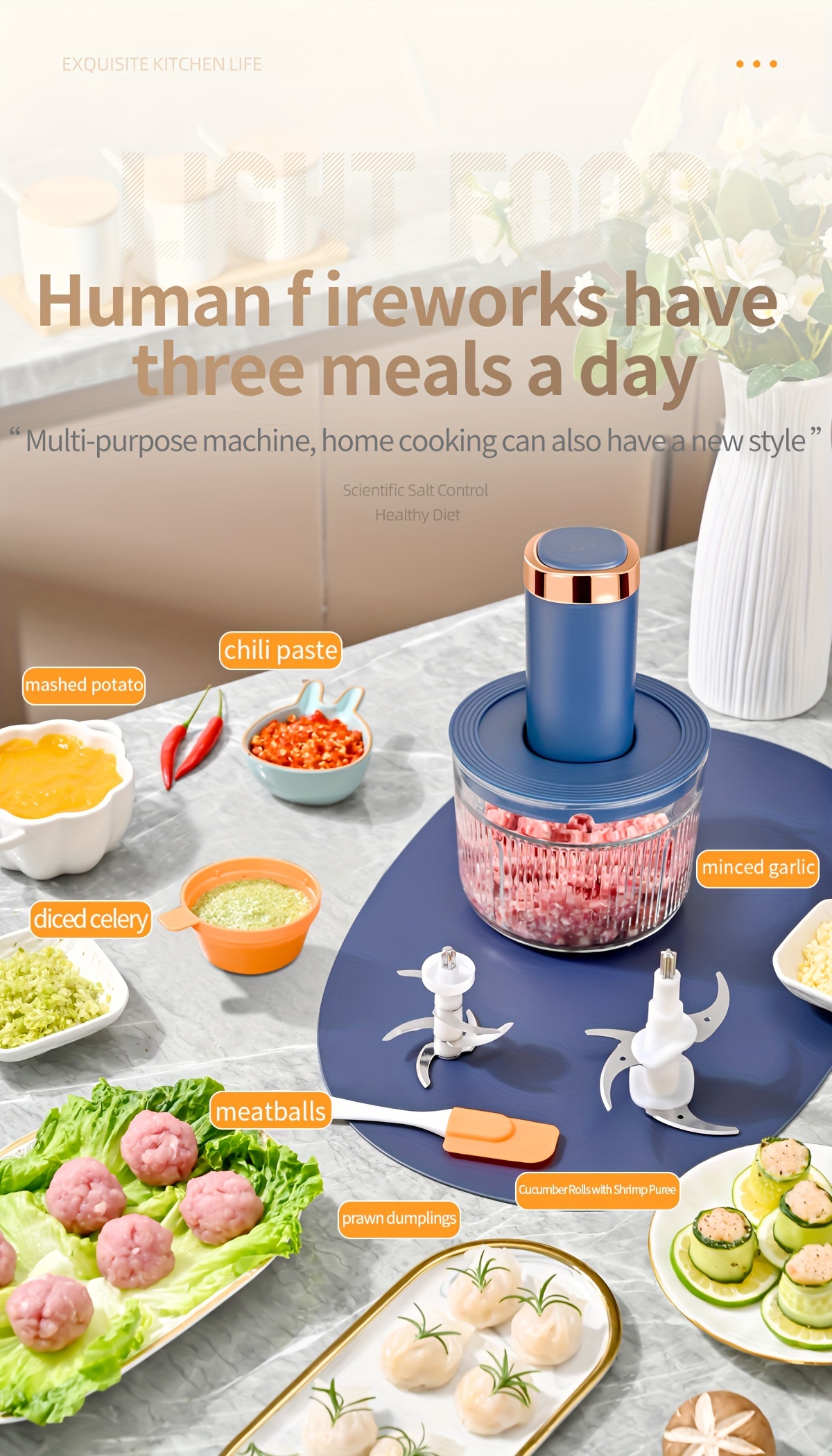 plug in model with a 1 2l glass meat grinder bowl and three 0 25l seasoning small bowls household preparation seasoning machine multifunctional electric grinder baby food grinder minced meat grinder food chopper electric vegetable chopper garlic seasoning machine ice crusher with 2 four blade blades for chopping fruits meats vegetables baby food nuts ice and   seasonings for preparation Product details 1