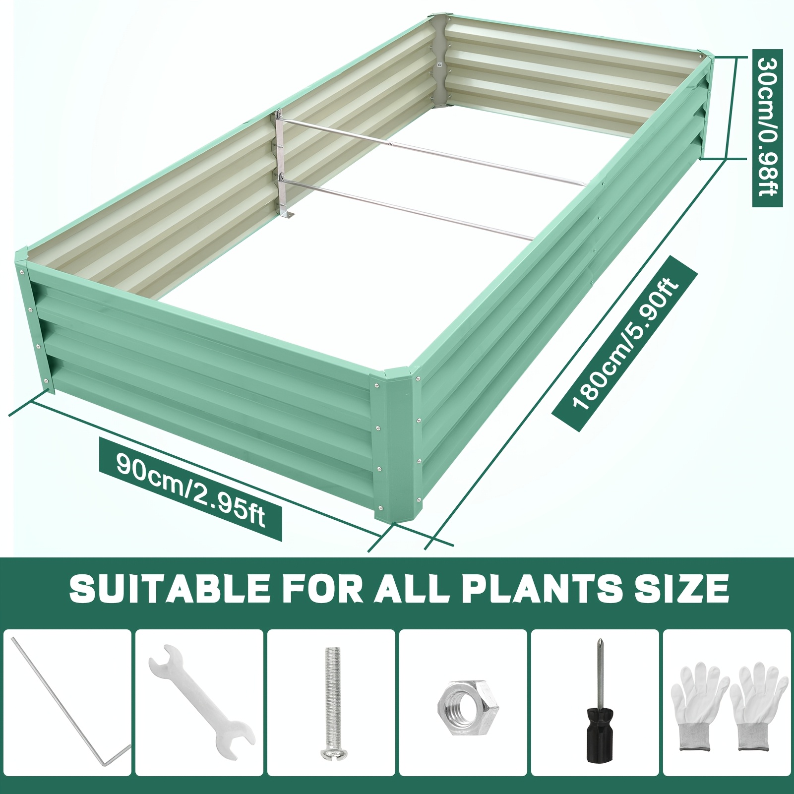 Image of Raised Garden Bed - Rectangular Metal Planter For Vegetables, Flowers & Herbs, Anti-rust & Easy Setup, 180x90x30cm, Green/silvery, Contemporary Design, For Organized Planting, Raised Planter Box