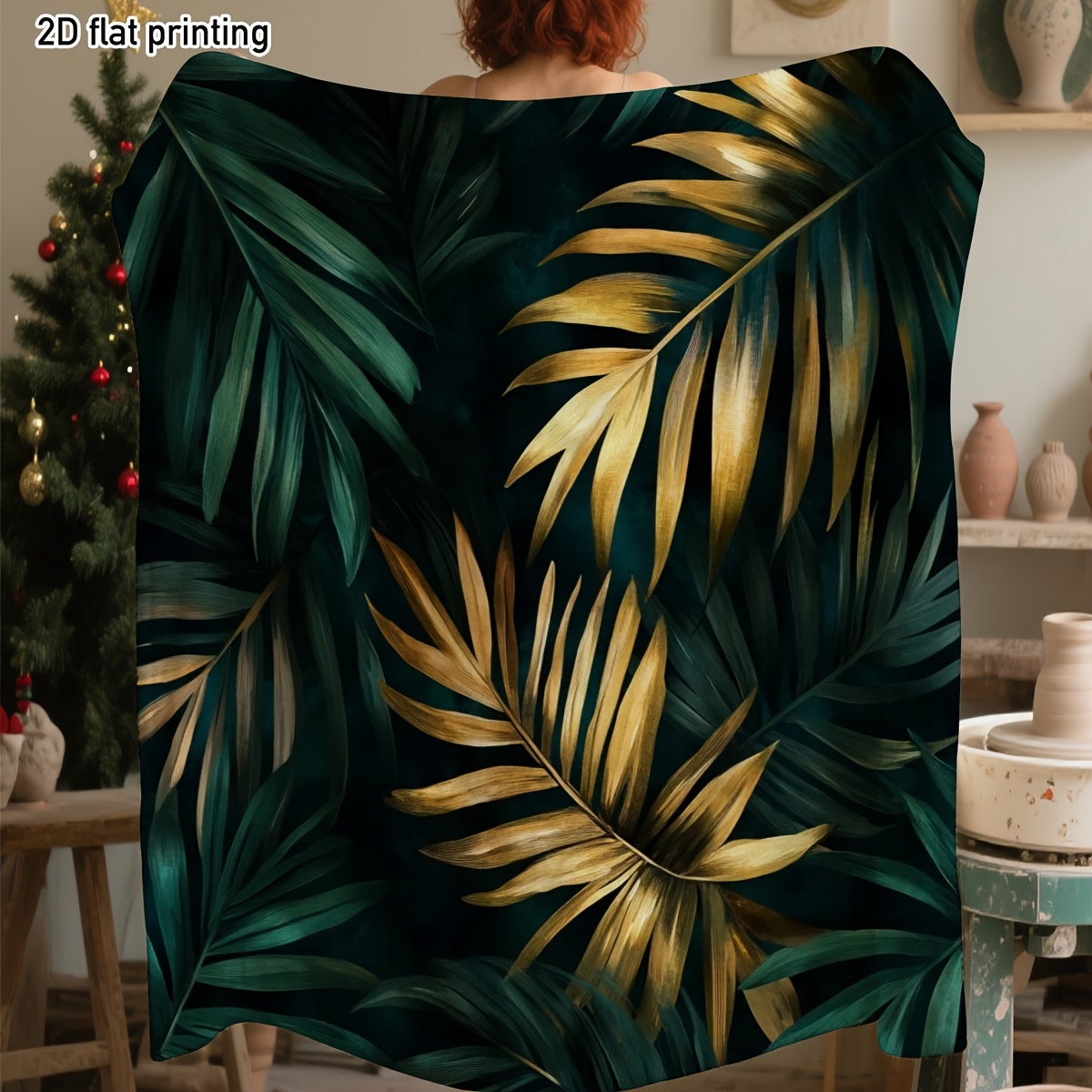 TEMU Leaf Print Fleece Blanket, And Golden Highlight , Flat Projection Design, Warm And Lightweight, Suitable For Sofa Or Bedroom Use, An Exquisite