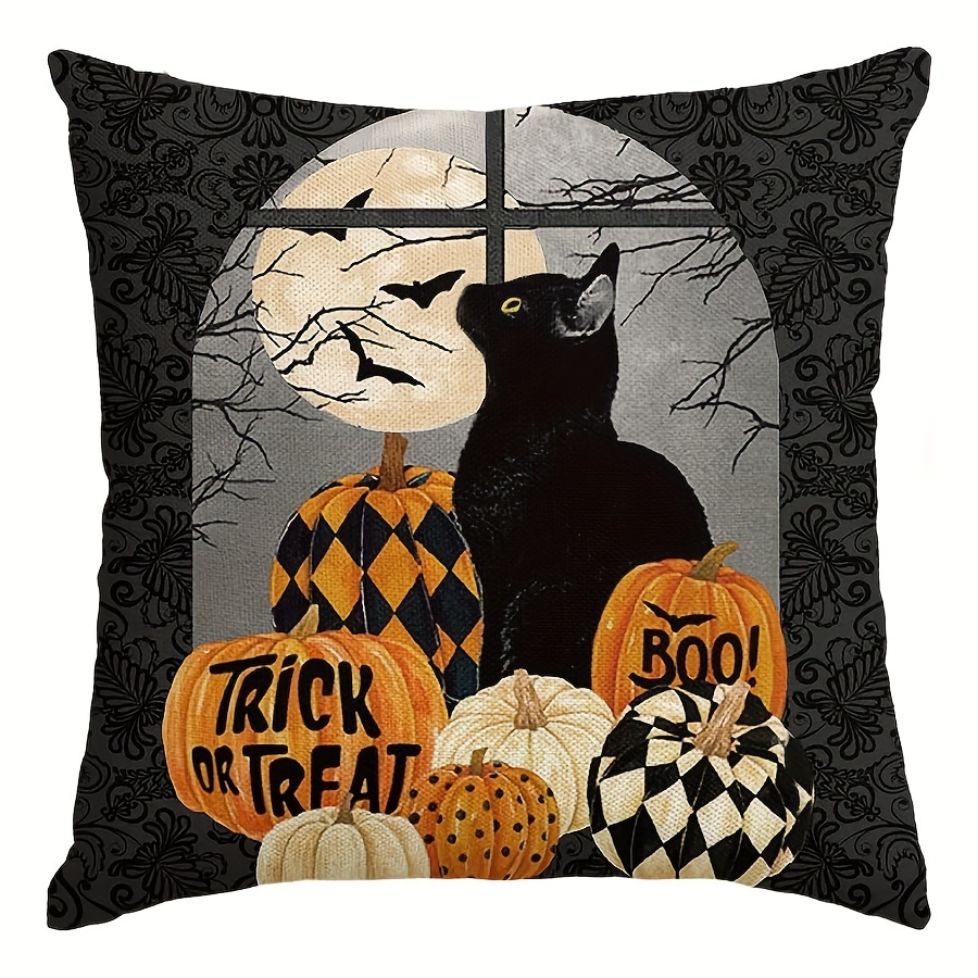 TEMU 1pc, Linen Trick Or Treat Halloween Pumpkin Cat Boo Throw Pillow Cover, Holiday Farmhouse Decoration For Sofa Couch 16x16, 18x18, 20x20 (no