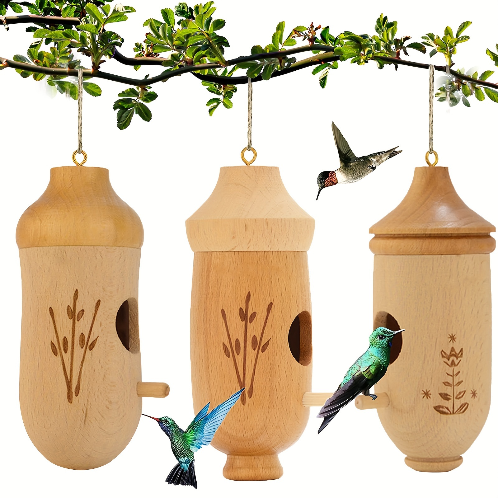 

Hummingbird House - Natural Wooden Hummingbird Nesting Houses For Gardening Gifts Home Decoration 3 Pack