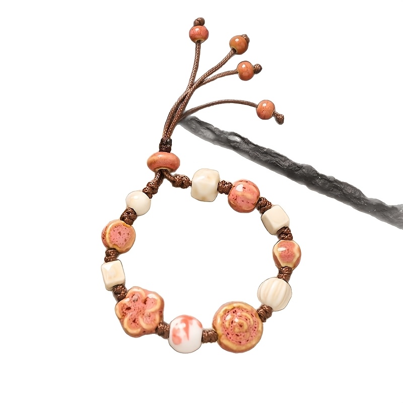 Handwoven Bohemian Ceramic Bead Bracelet for Women, Adjustable