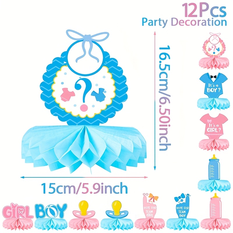 Image of 12pcs, Gender Reveal Theme Paper Honeycomb Set, Gender Reveal Theme Table Centerpiece Decorations, 1st Happy Birthday Party Favors, Event Party Table Decoration, Shower Party Supplies