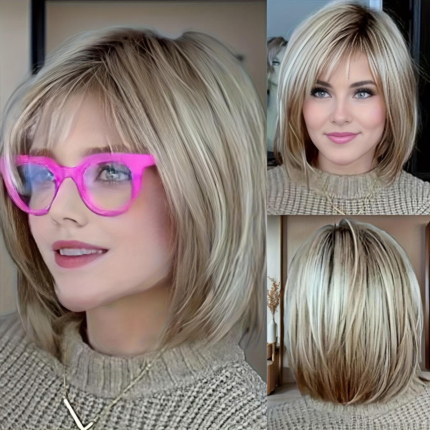 E-shop gemischt blond Bob-Perücke mit Pony für weiße Frauen, Verlauf hochglänzend goldene Synthetikperücke atmungsaktiv bequem innen Mesh-Rosa geeignet