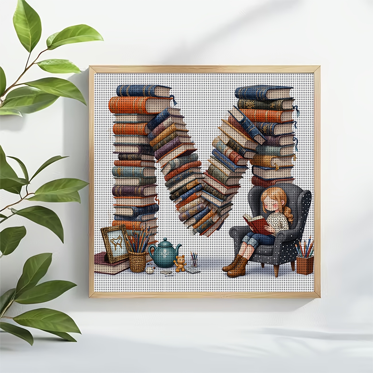 DIY Cross-Stitch Kit, 'Sitting by an M-shaped Stack of Books'