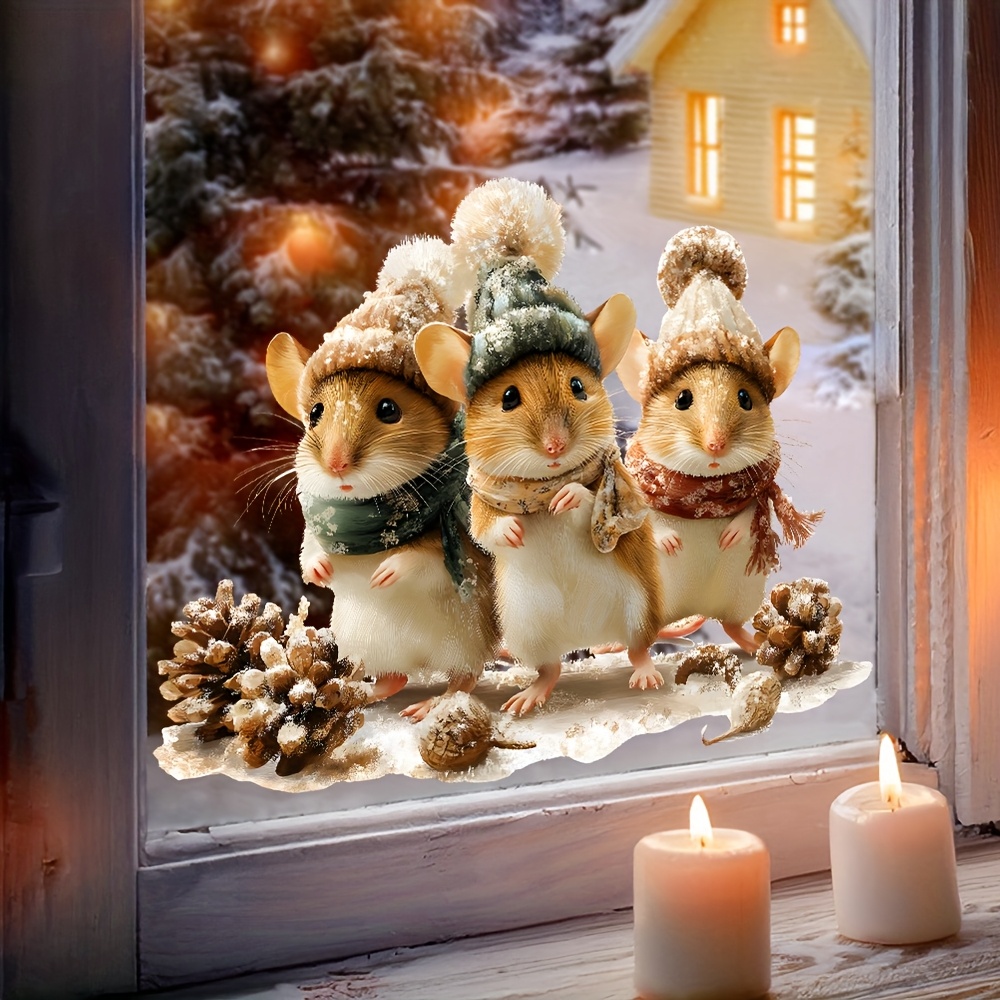 Image of Adorable Christmas Mouse Window Stickers, Removable Self-adhesive Decorations, Festive Winter Animal Decor, Suitable For Home Christmas Static Cling Window Decorations