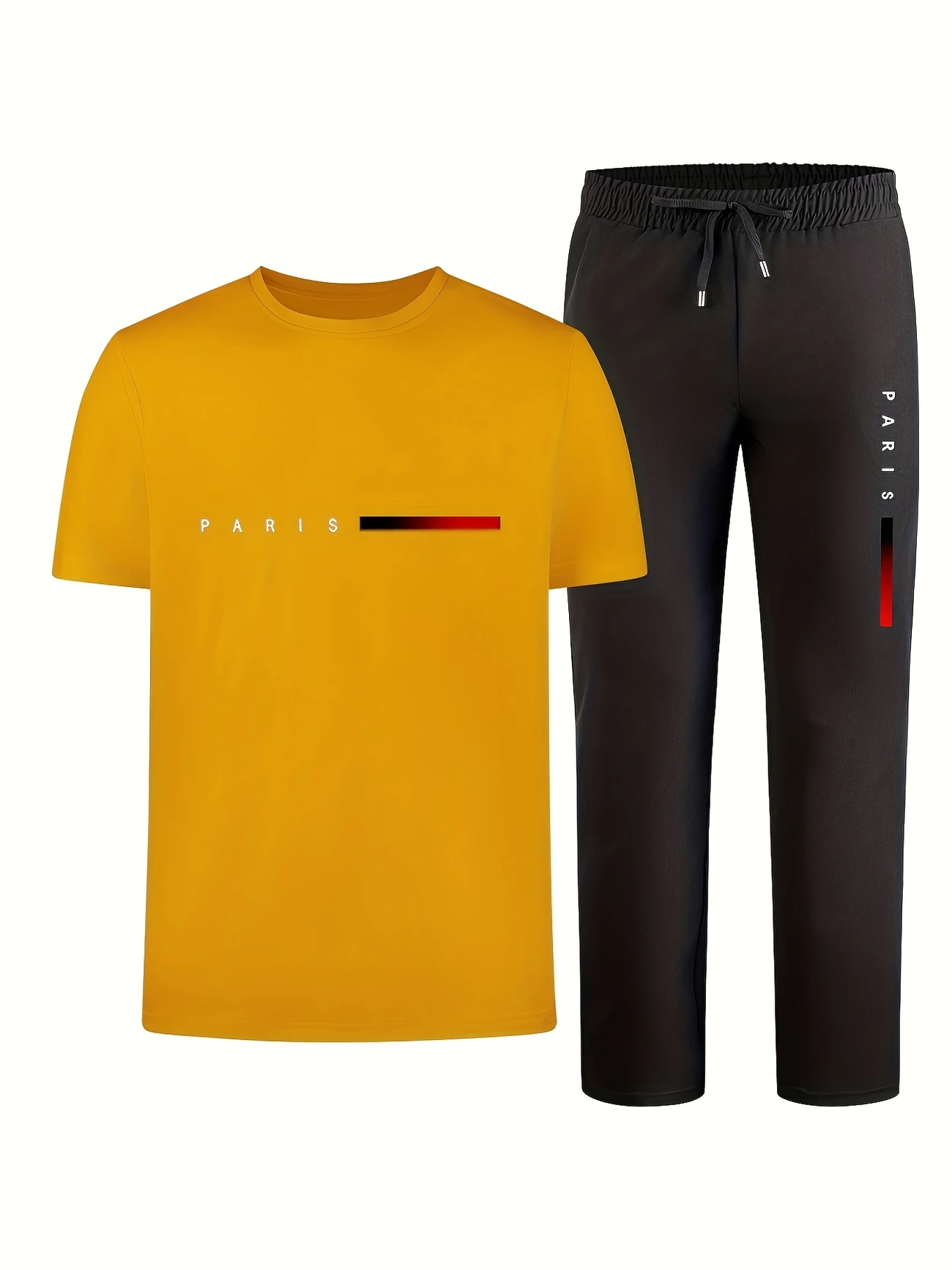 mens casual sports two piece set short sleeve top straight leg pants with paris print fashionable and trendy ideal for summer parties casual and everyday wear short sleeve top print trousers details 1