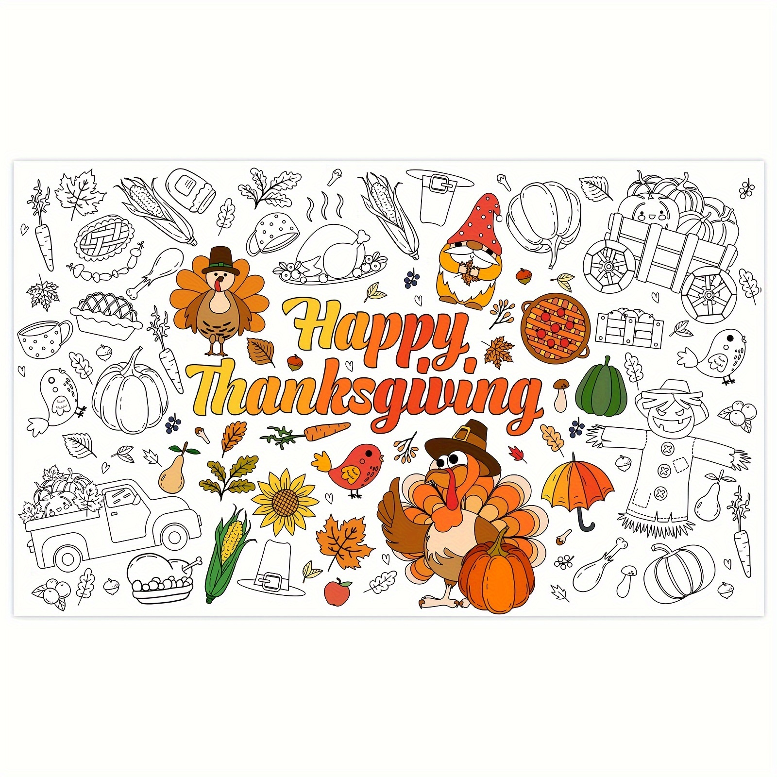 

Thanksgiving Coloring Tablecloth Poster - 54x33 Inch Jumbo Happy Thanksgiving Activity Paper Table Cover With Turkey & Pumpkin - Fall Party Supplies For Teens & Adults 14+ - Paper