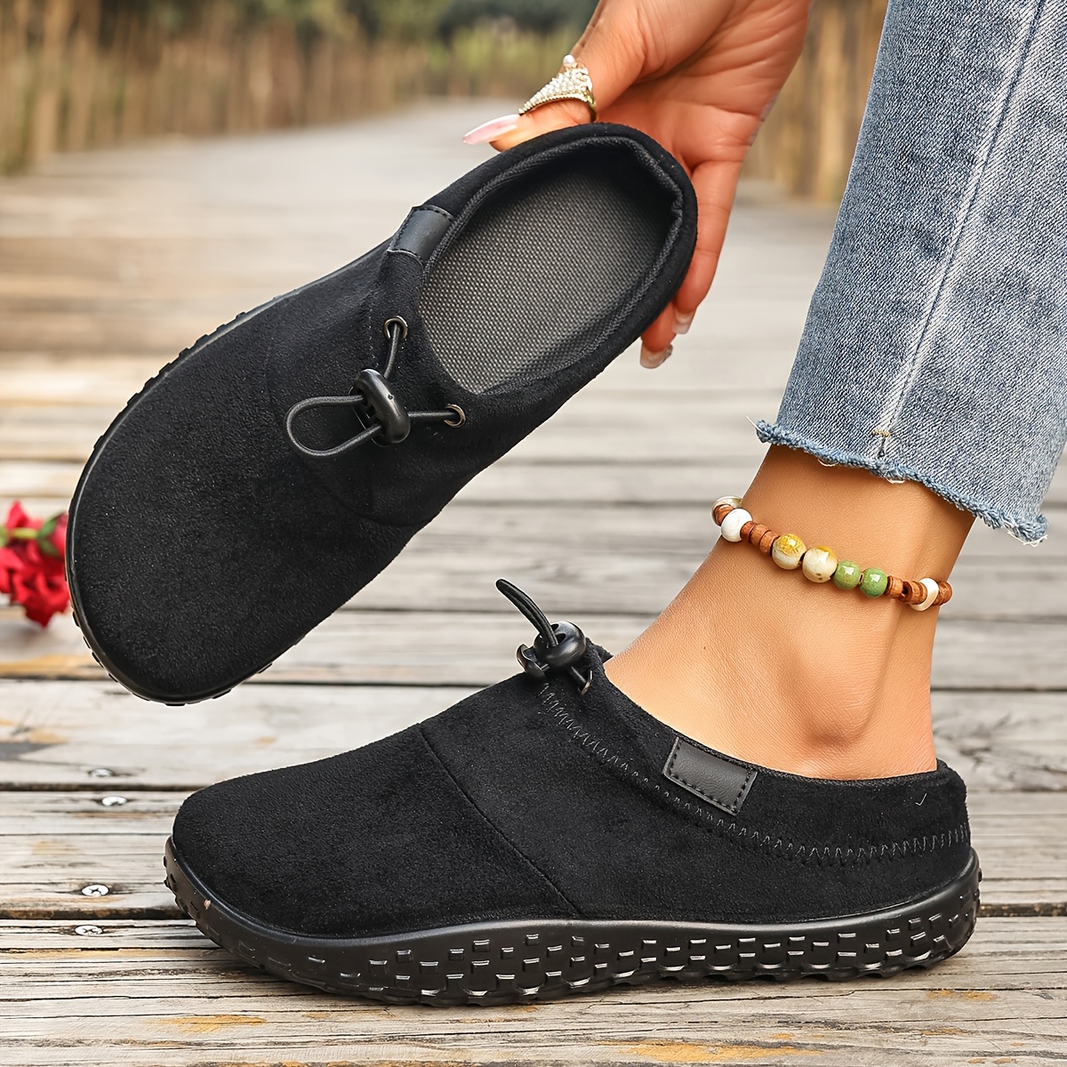 spring solid color versatile fashion casual shoes with round toe wide     sole comfortable and durable lace up thick sole home slippers women shoes