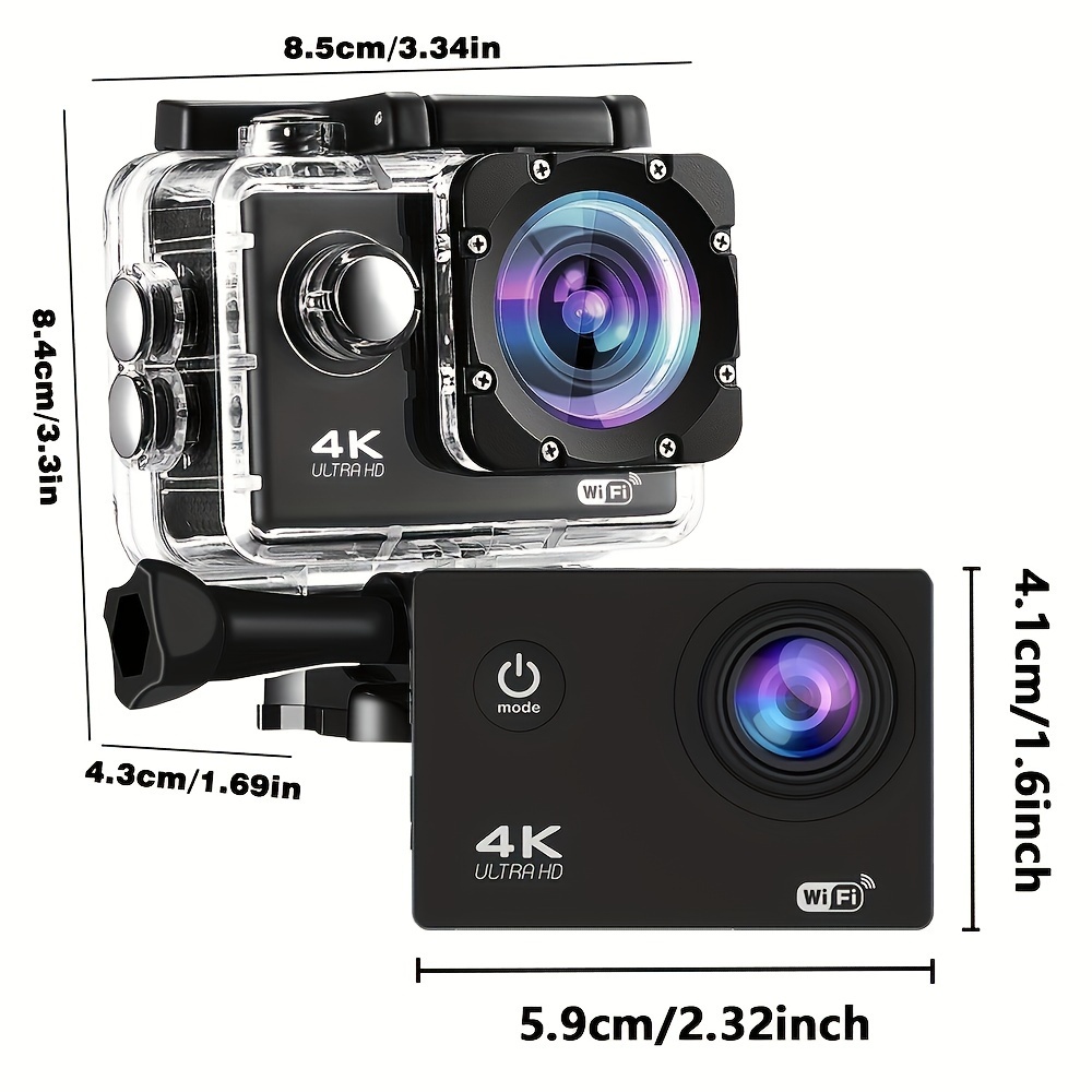 4k outdoor sports camera video resolution up to 4k30fps photo resolution 16mp 2 0 inch lcd screen with wifi 1574 8 inch 170 degree fisheye wide angle lens 900mah battery support loop recording suitable for diving cycling extreme sports such as hiking and surfing helmet camera pet camera sports camera