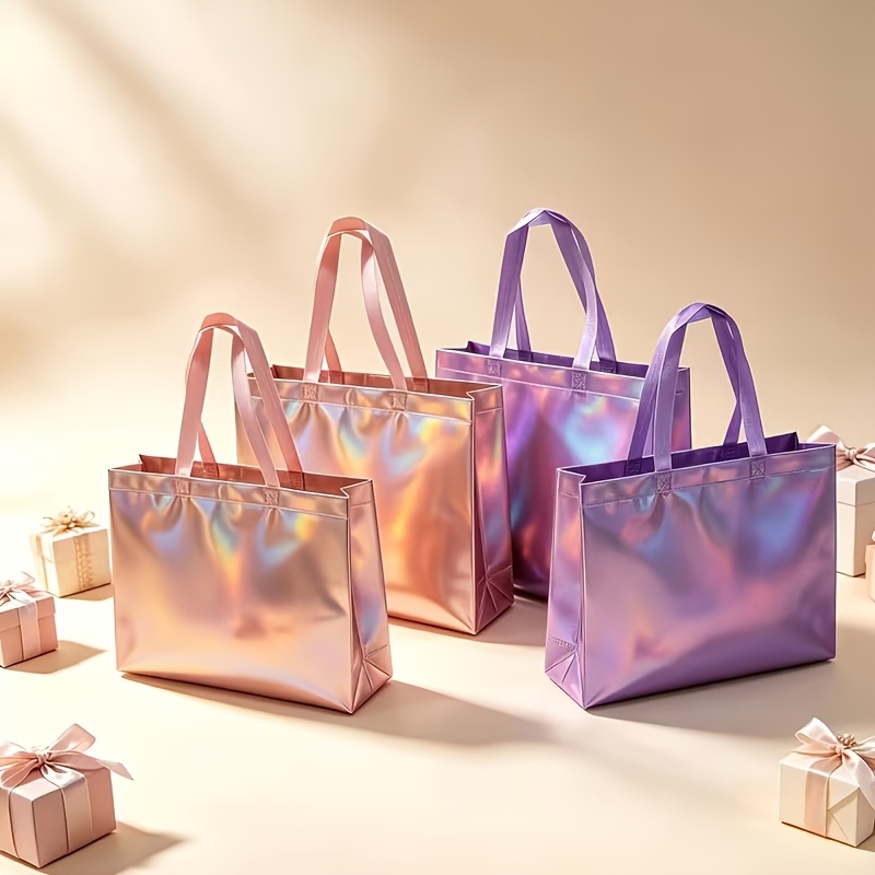 TEMU 4pcs (2pcs Pink, 2pcs Purple) Laser Iridescent Gradient Laminated Non-woven Bags, Extended Handle Durable And Wear-resistant, And