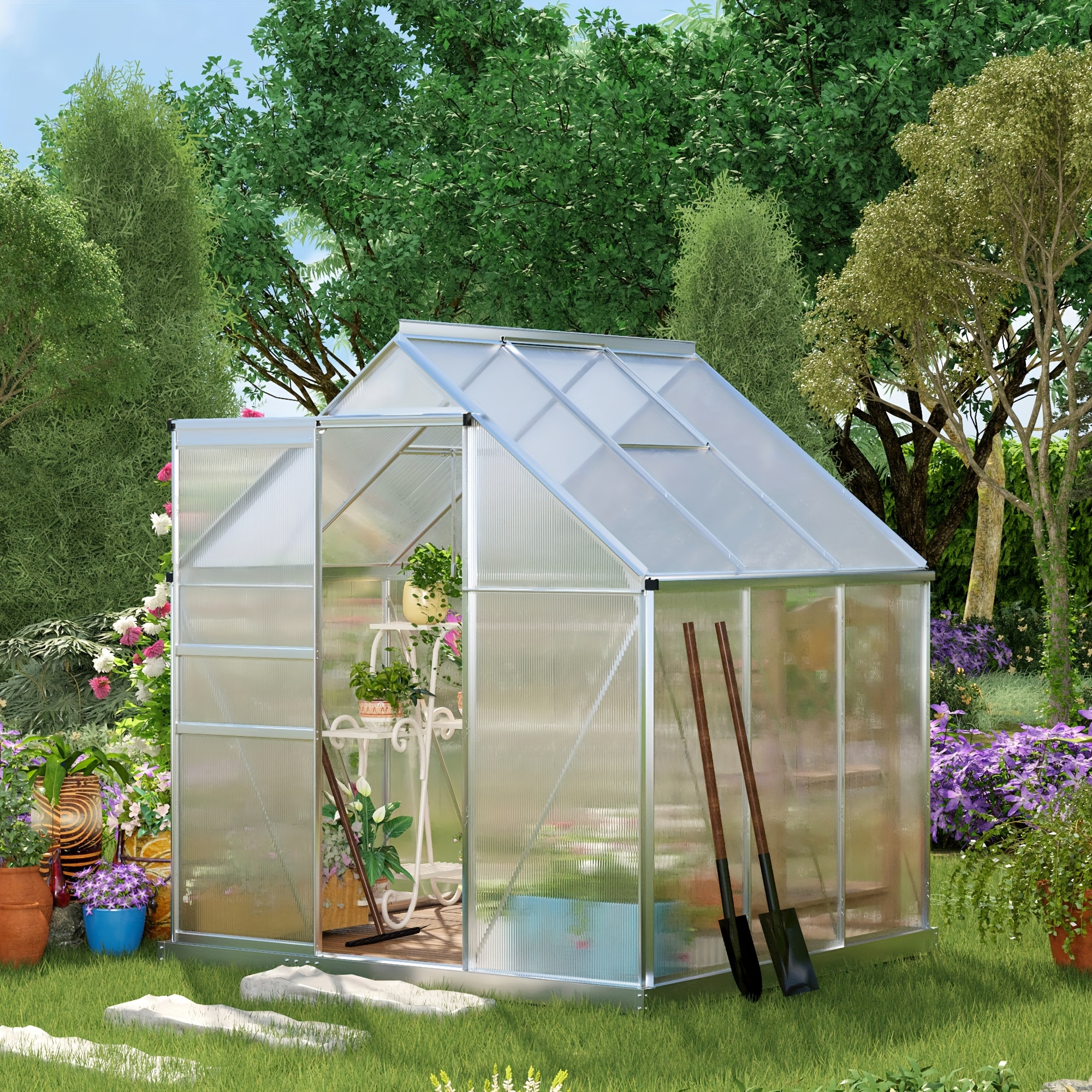 

Outsunny 6' X 6' X 6.5' Polycarbonate Greenhouse With Aluminum Frame, Walk-in Heavy Duty Greenhouse With Adjustable Roof Vent, Rain Gutter And Sliding Door For Winter, Silver