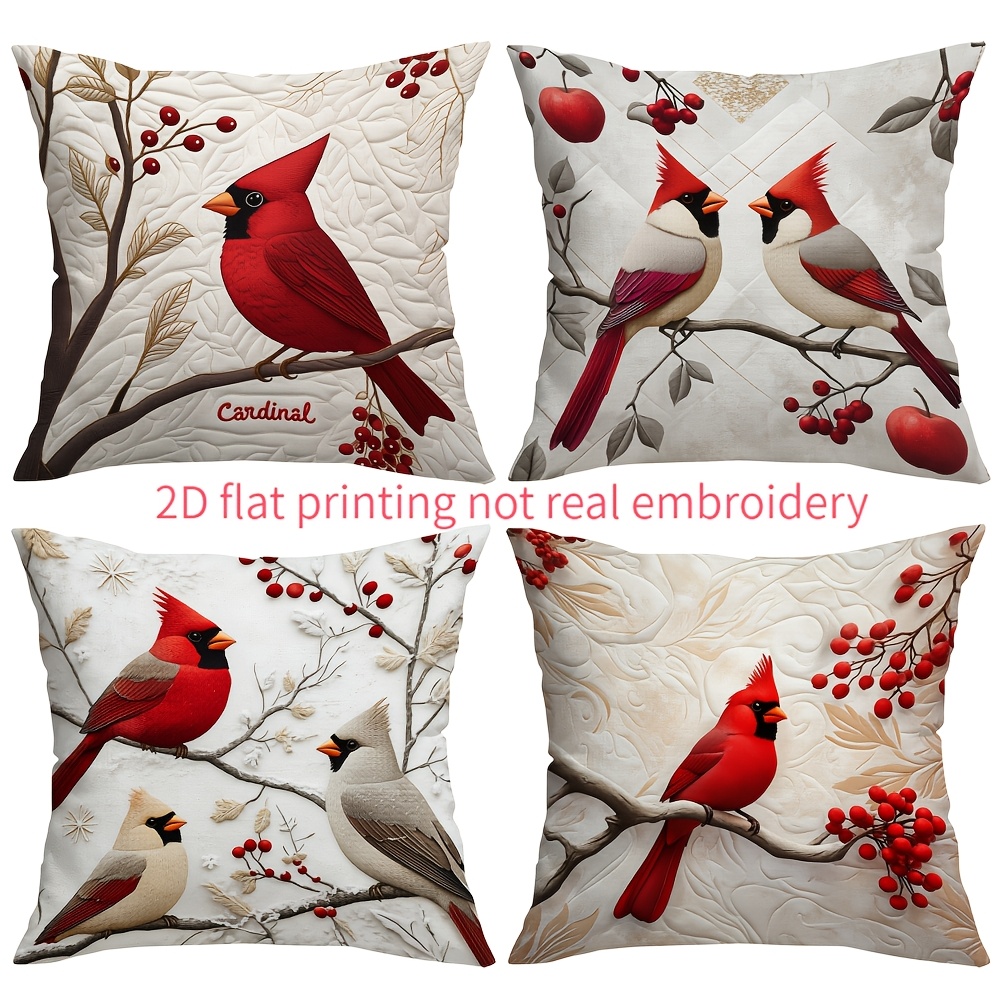 TEMU This Set Of 4pcs Features 2d Printed Designs Rather Than True Embroidery. The Cushion Covers Center Around The , A Colored Red Bird