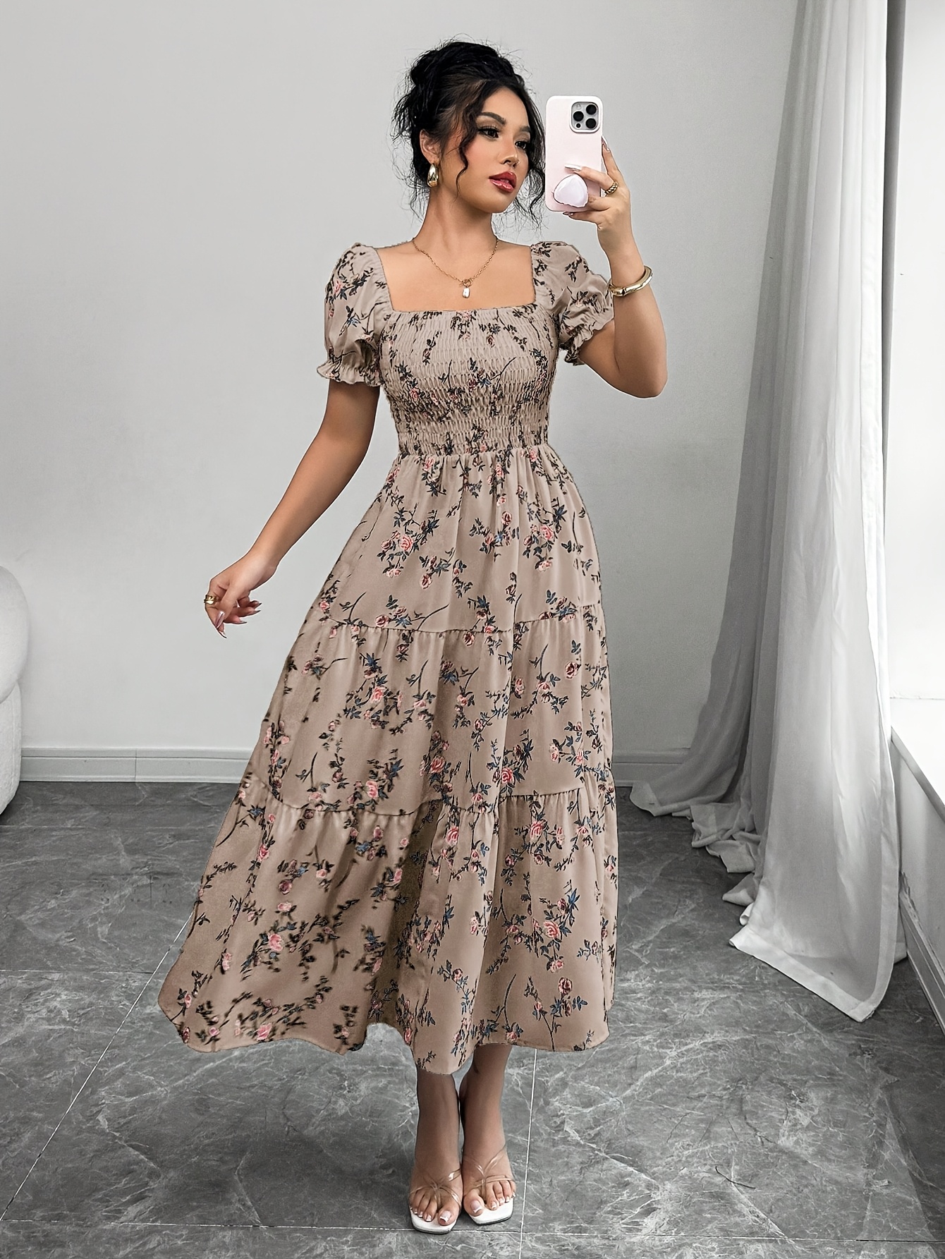 green emerald velvet dress Elegant Women Irregular Ruffle Patchwork Dress Lantern Sleeve Stand Ne –  Simplepromdress main image 0