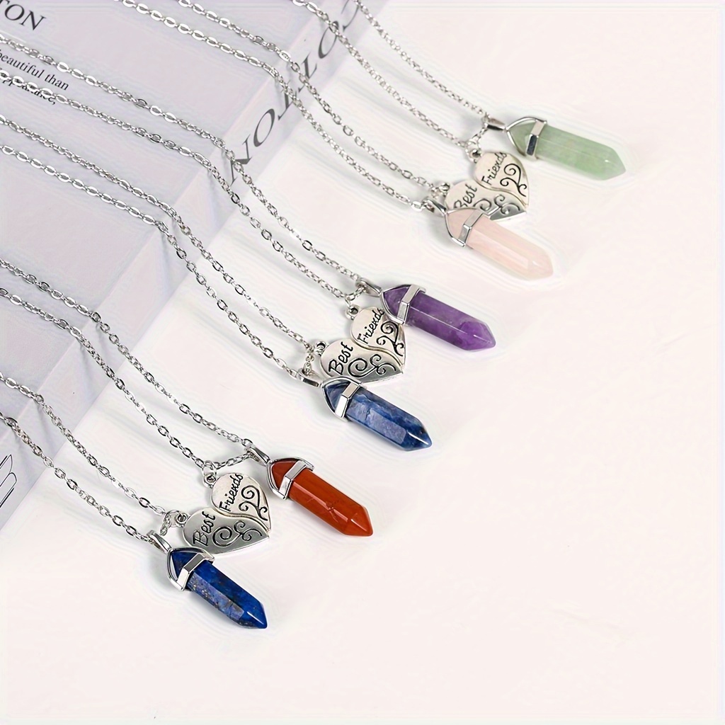 

2pcs/set Natural Stone Crystal Pillar Pendant Necklaces, Mixed Color Double Point Charm, Elegant & Cute Best Friends Jewelry Set
