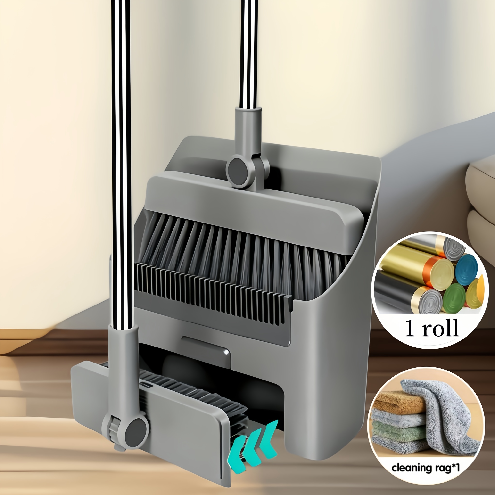 2-in-1/ 3-in-1 Rotatable Foldable Broom With Dustpan, Includes Trash Bag And Towel, Hair Removal For Hard Floors, For Boat, Living Room, Bedroom, Office, Bathroom And Outdoor, Durable, And Space-