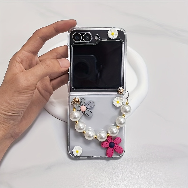 TEMU Phone Case: Daisy Flower Foldable Phone Case With Pearl Chain, Compatible With Galaxy Z Flip 3/4/5/6, Simple And Stylish Foldable Phone Case