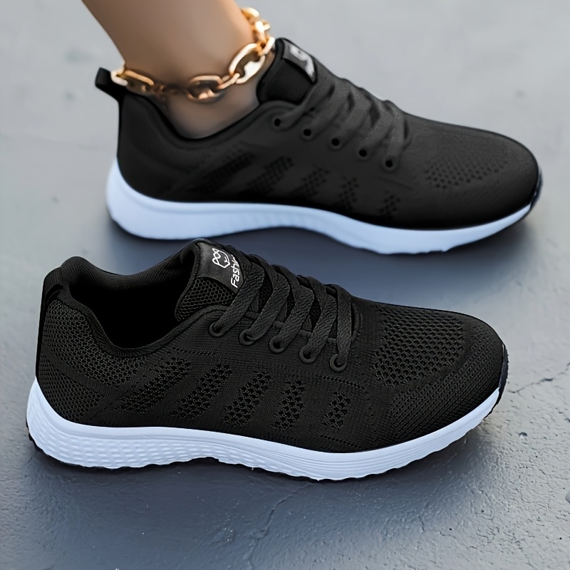 Image of Women's Breathable Lightweight Running Sneakers - Solid Color Low Shoes With Lace-up Closure, Comfortable Fabric Upper/inner, Sole, Fabric Insole - Plain Toe Jogging Tennis Shoes