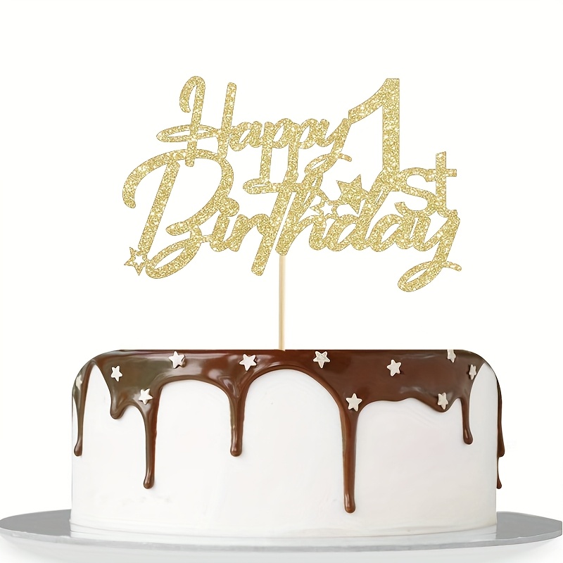 Tortenaufsatz „Happy Birthday“ Goldfarben – Mit Bambusstab, 15,5x13 Cm, Aus Paillettenpapier