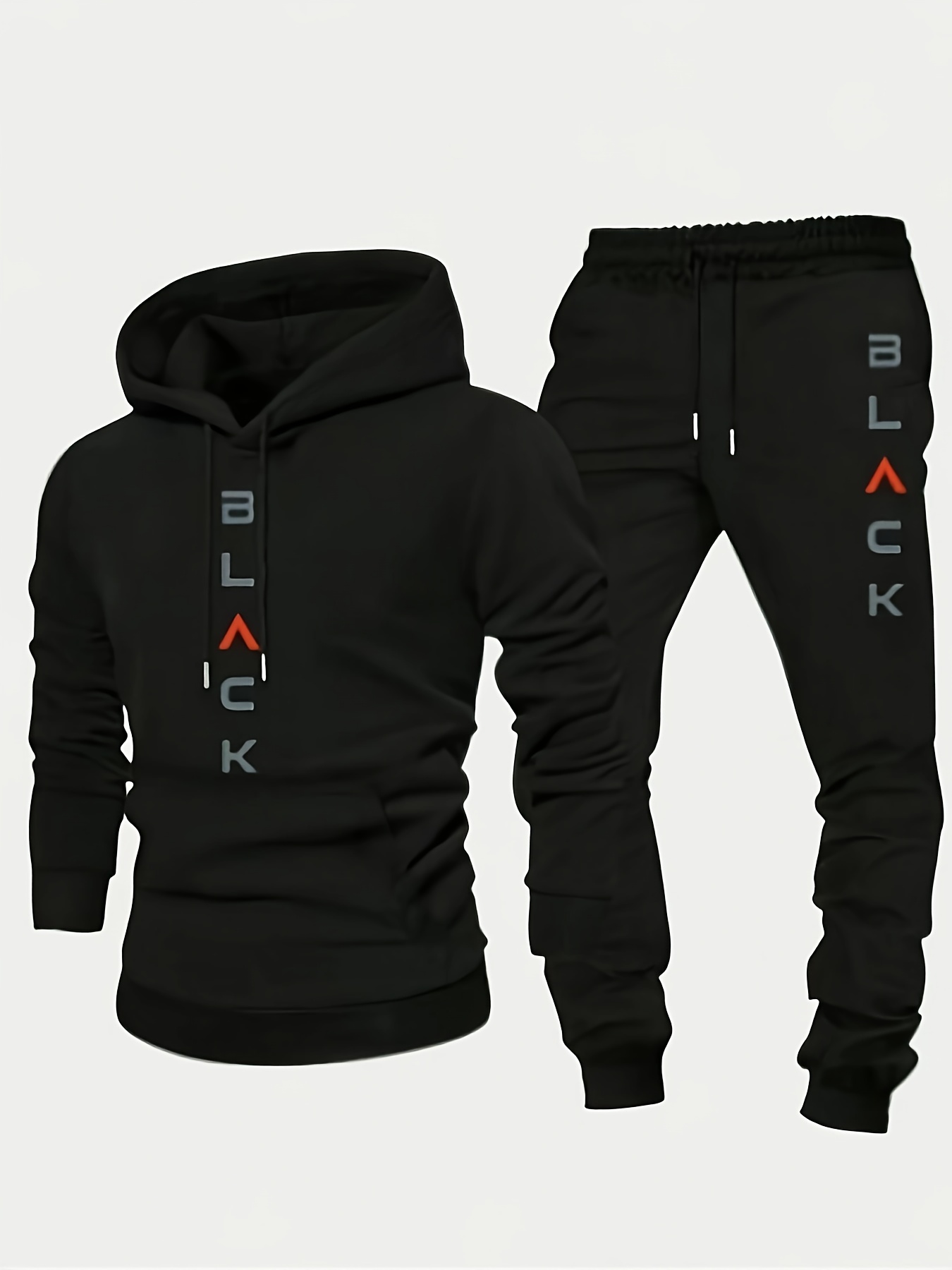 black retro letter print mens two piece set casual round neck long sleeved hooded sweatshirt and sweatpants set suitable for winter and autumn sportswear set