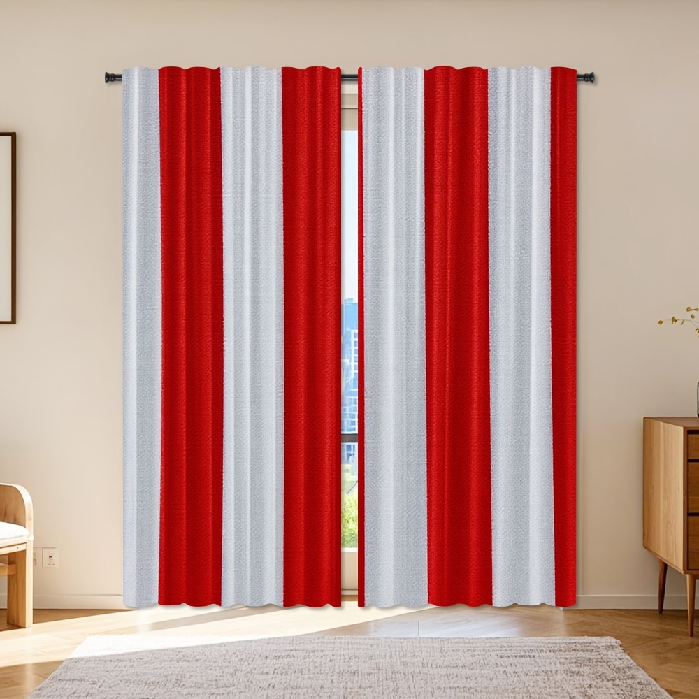 TEMU 2d Flat, 2pcs 2d Printed 55x150cm/21.65x59 Inch, Red White Stripe Pattern Curtains Light Filtering Rod For Living Room Bedroom Office, Machine