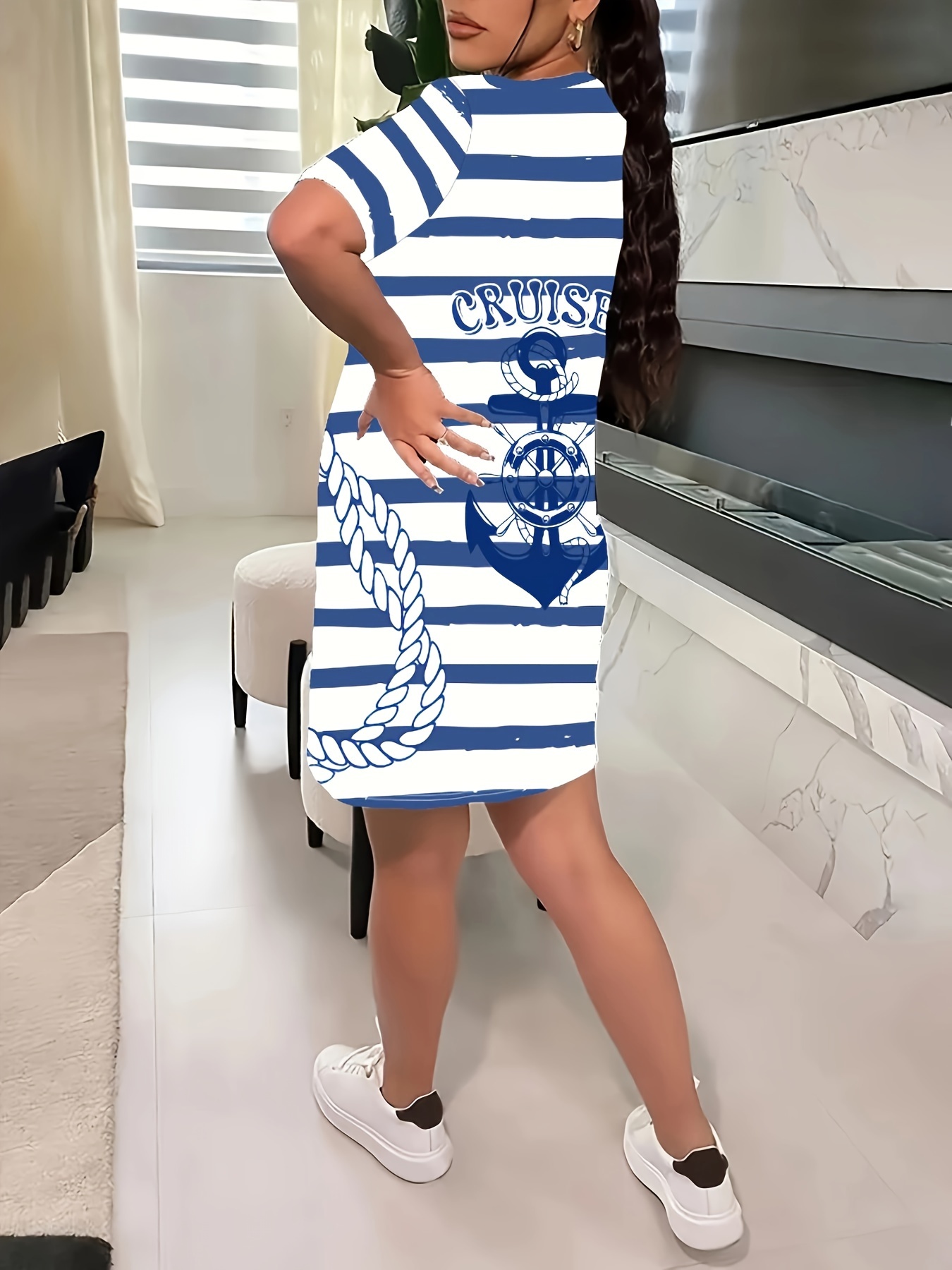 Plus Size Cruise Print Dress, Casual Short Sleeve Crew Neck Dress For  Spring Summer, Women's Plus Size Clothing