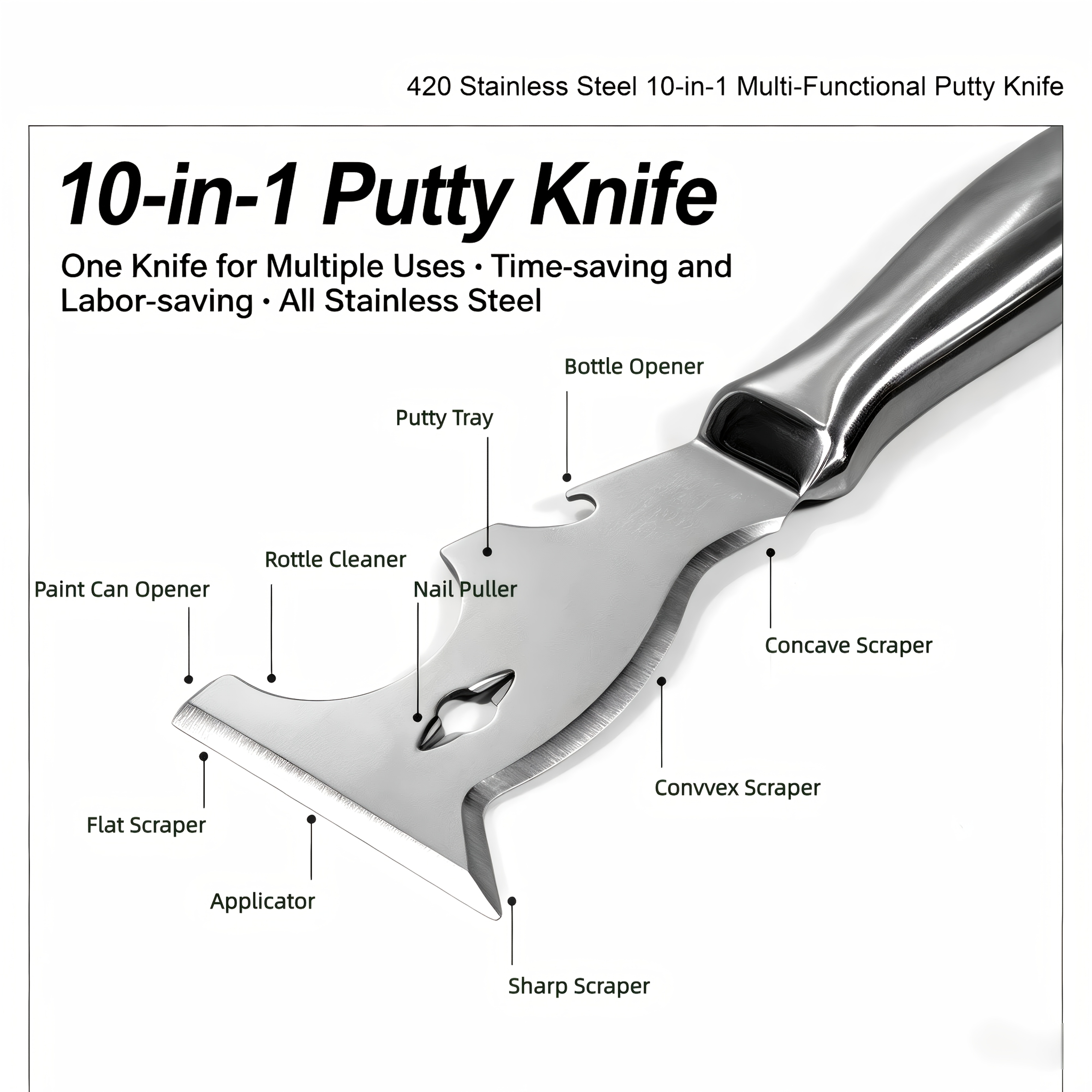 Heavy Duty 10 in 1 Stainless Steel Multi Tool Putty Knife, 420 Stainless Steel Paint Scraper, with Bottle Opener Nail Puller Putty Tray, Great for Wall Decorating, Drywall Repair, Wallpaper Stripping Multi Tool Paint Scraper