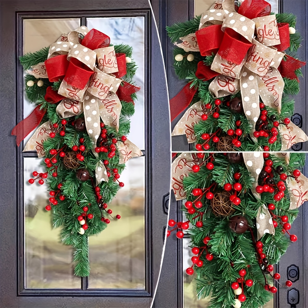 

Charming American Christmas Wreath - Rustic Decor With Snowy Red Berries, Featherless Bowknots, Faux Pine Cones & Vintage Bells - Perfect For Door Or Wall Holiday Display