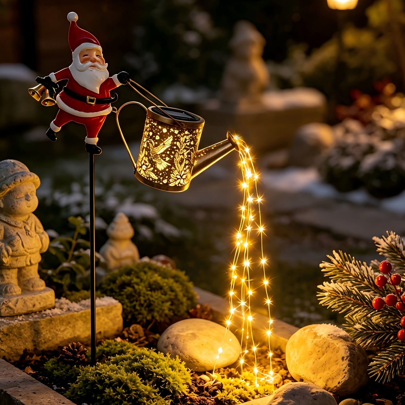 TEMU Outdoor Solar Led Santa Claus Courtyard Light, Santa Claus Hummingbird Kettle Light, Led Christmas Theme Garden Light, Metal Kettle Light,