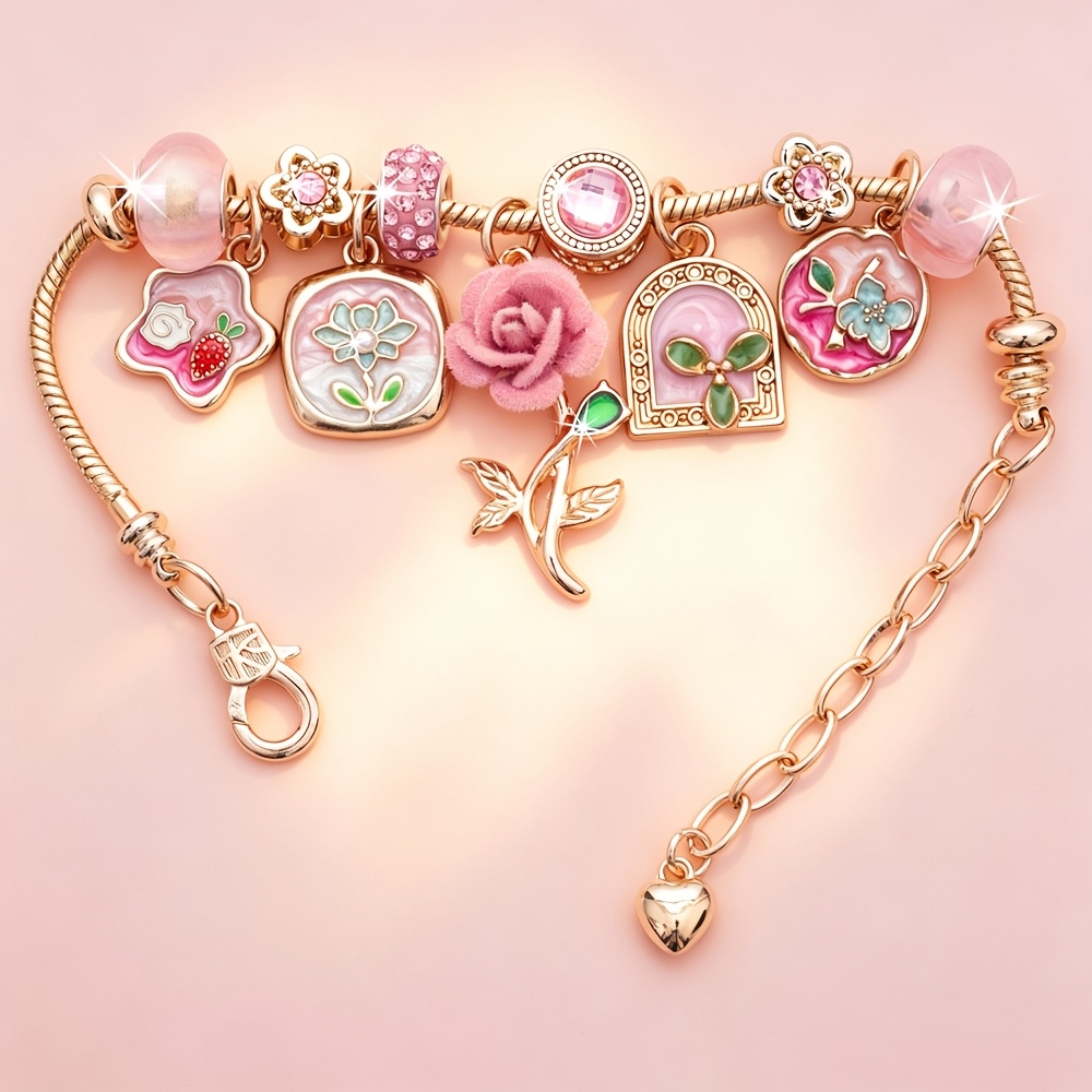 TEMU New Fashionable Light Luxury Pink Rose Adjustable Women's Bracelet. Featuring Pink Roses, Peonies, Small Flowers, And Pink Beads. Suitable For