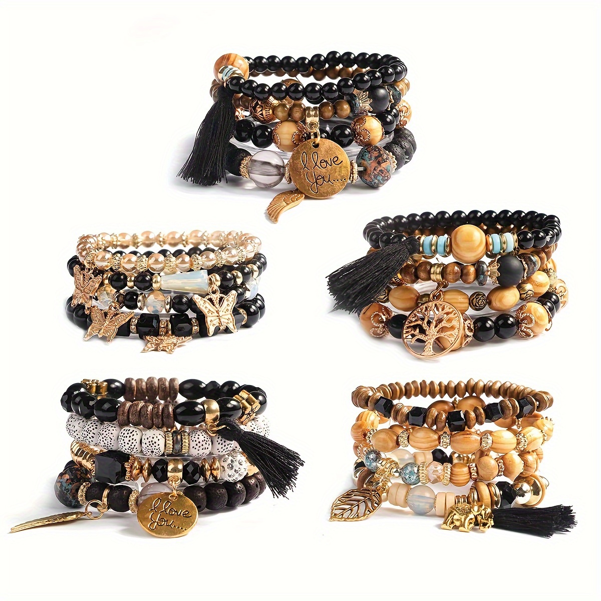 

20pcs Chic Stackable Bracelet Set For Women - Beaded & Tassel Designs With Tree Of Life & Charms, Alloy & Glass, Casual Attire & Gifts, Charms For Bracelets