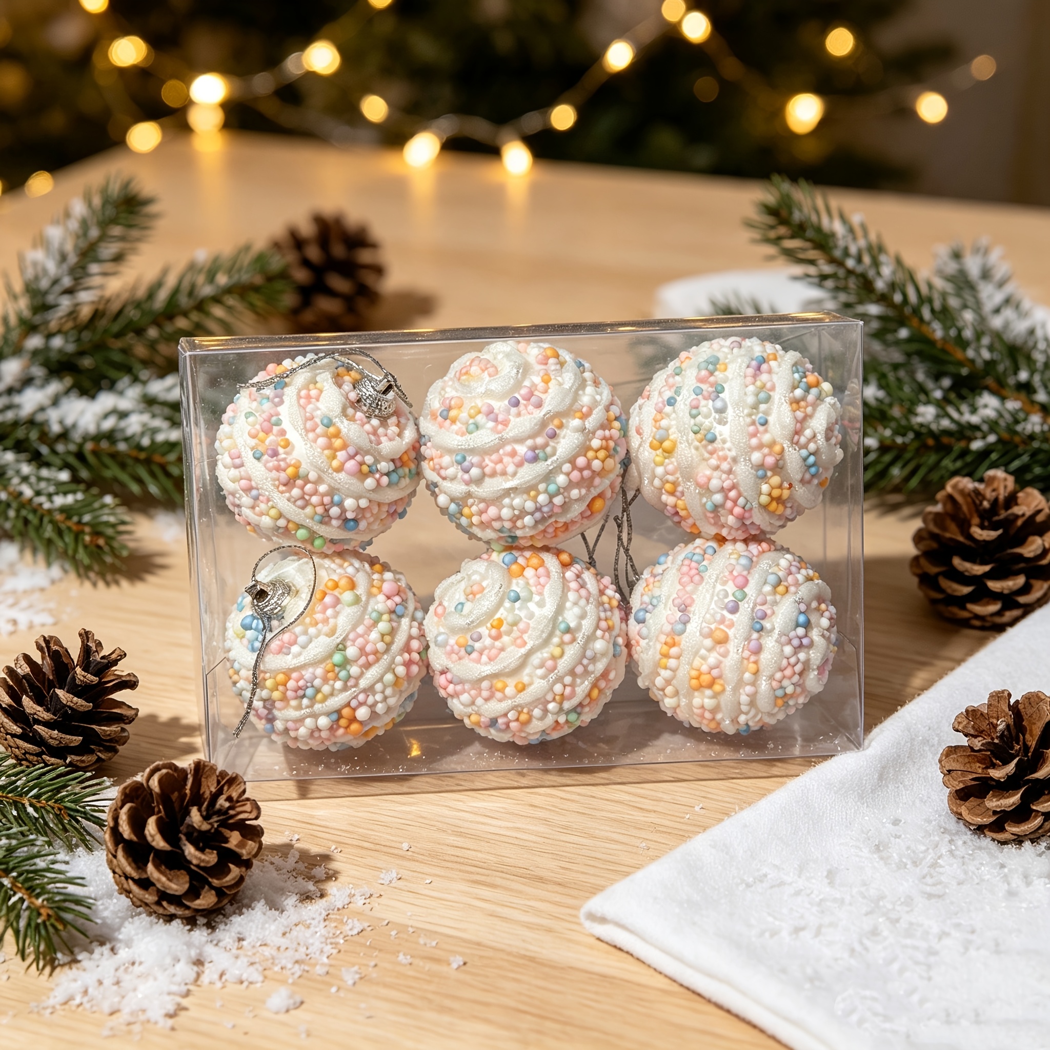 TEMU 6 piezas (paquete de 6) Bolas de Navidad de cuentas estilo macarrón de acuarela - Plástico de espuma adecuado para adornos de árbol festivo,