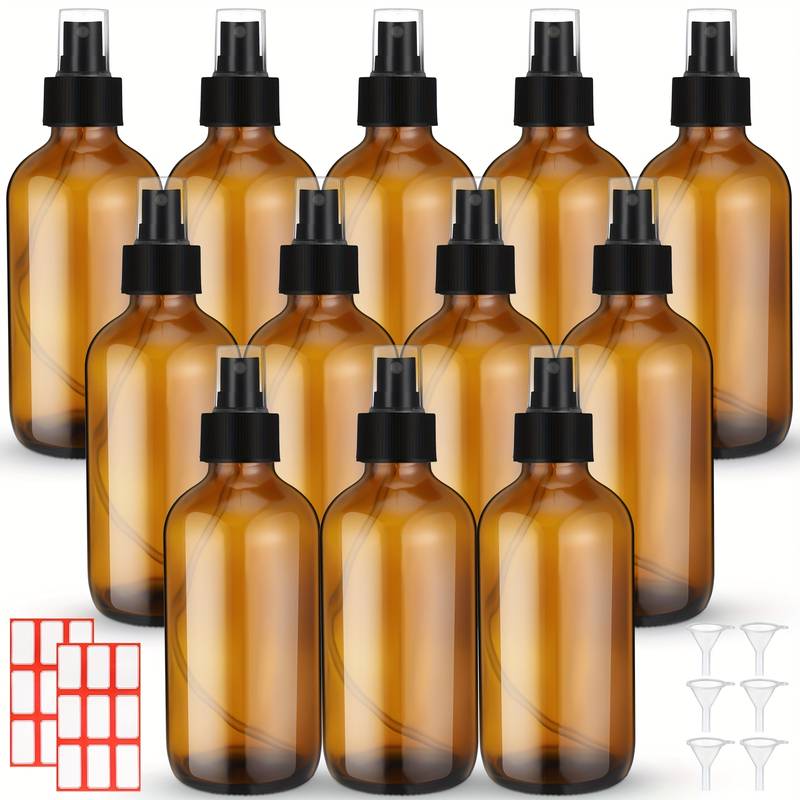 12pcs 8oz Glass Spray Bottles with Funnels And Labels Refillable Cosmetic Empty Spray Bottles with Sprayer Containers for Essential Oil Cleaning Solutions(Amber, Stylish) 0