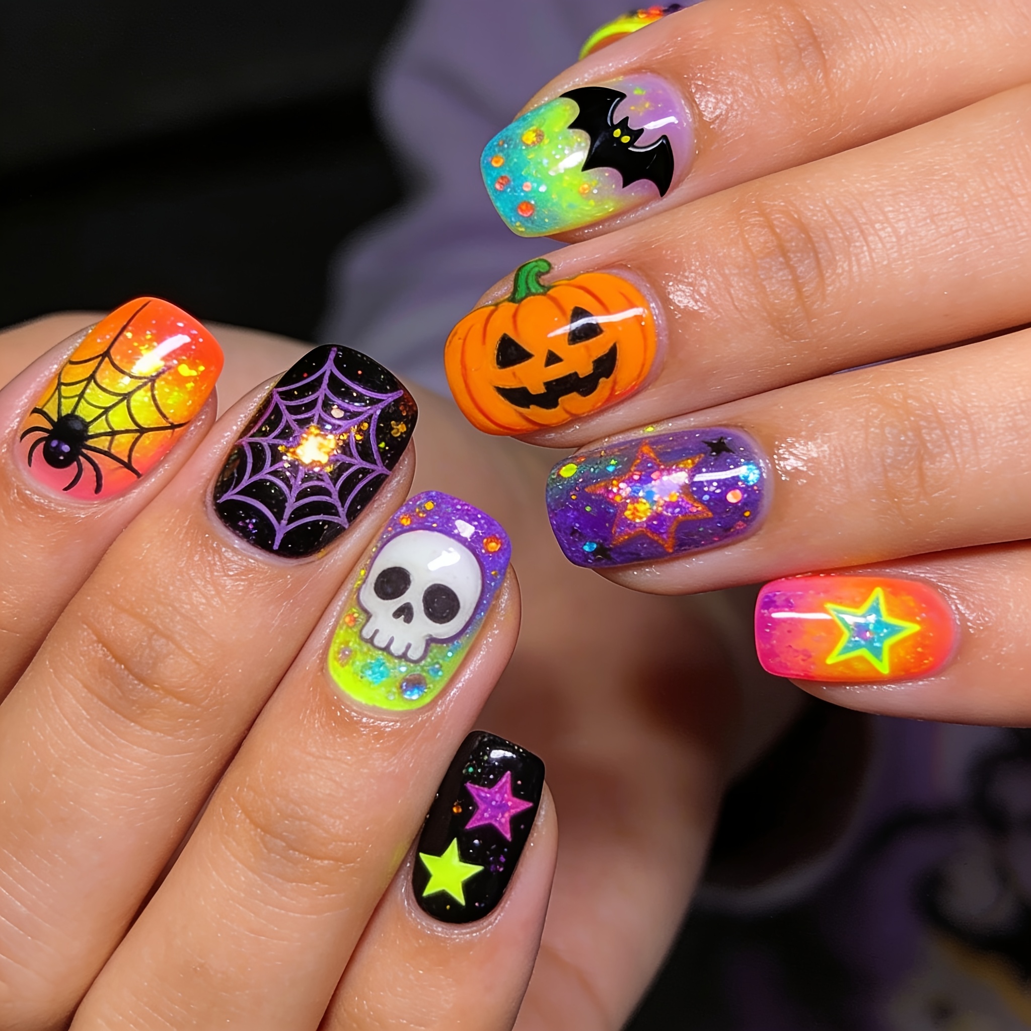 TEMU 24 Unghie Finte Quadrate Europee Medie, Design Indossabile per Unghie con Zucca di Halloween, , , Adesivi per Unghie Lucidi, Unghie Finte