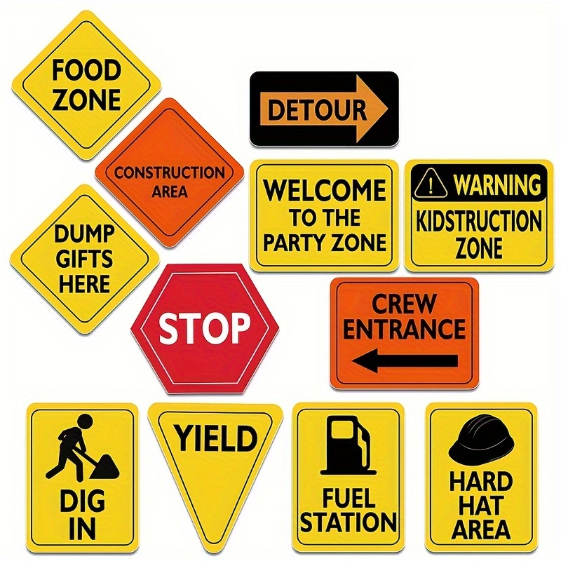 

12pcs Construction Theme Party Decorations - Paper Traffic Sign Cutouts For Birthday, Classroom & Playroom Wall Decals, Transportation Road Signs For Architectural & Decor