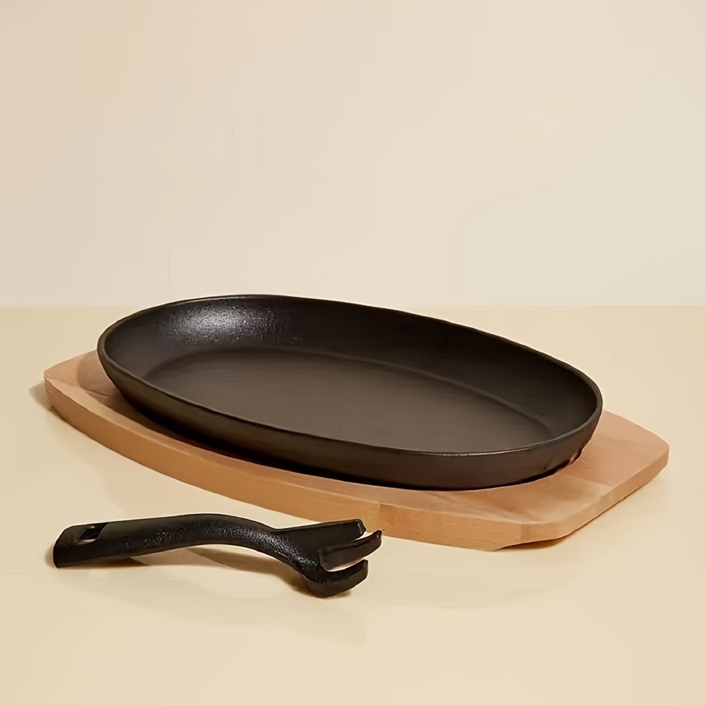 cast   set oval non stick frying pan with wooden base and iron fork for steak griddle cooking   thickened for home use details 1