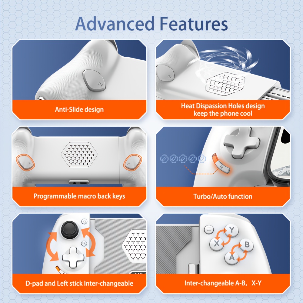 2025 game controller ios mfi switch supports ps and steam streaming games connection honeycomb heat dissipation dual hall joystick hall trigger turbo and auto combo functions Product details 4