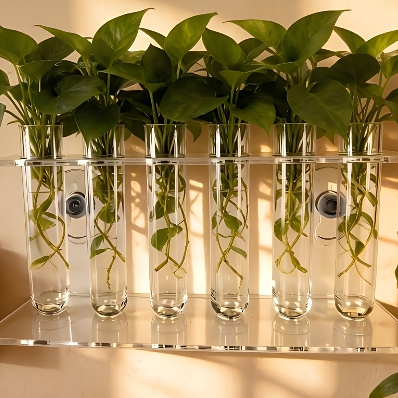 TEMU 6-pack Hydroponic Planter For Indoor Gardeners, Acrylic Transparent Holder With Suction Cups And Tubes, Water Propagation Station For Decor And