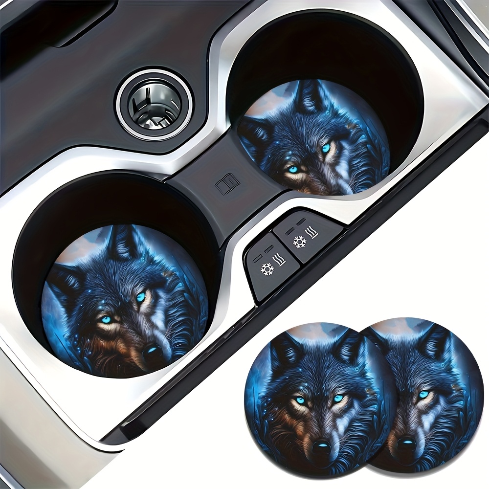 2pcs of Blue Flame Wolf King Patterned Absorbent Car Cup Holders And Coasters