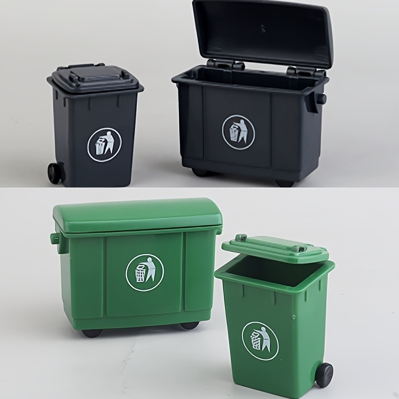 2/4pcs Mini Desktop Trash Can Model - Green And Black Plastic Garbage Bin With Wheels, Ideal For Home Party Decorations And Gifts, Office Desk Accessory|minimalist Decor|durable Plastic