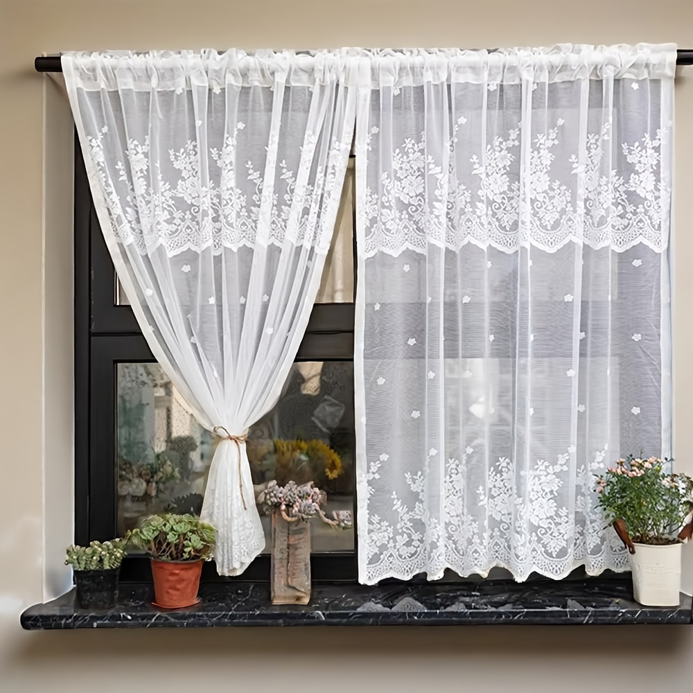 Image of 2 Pieces Of White Short Curtains For The Kitchen, Featuring Lock-edge , Beautifully Romantic Lace Partition Curtains, Suitable For Decorating Small Windows In Living Rooms And Bedrooms